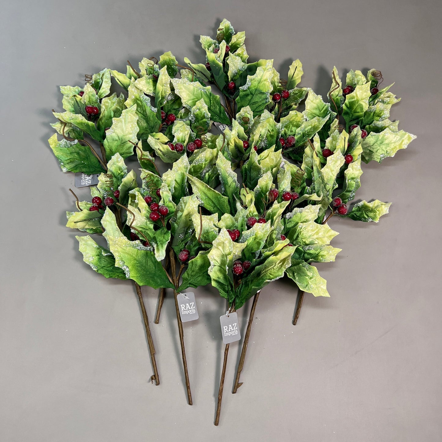 RAZ IMPORTS 12-PK Christmas Holiday 16.5" Glittered Edge Holly Pick F4126006 (New)