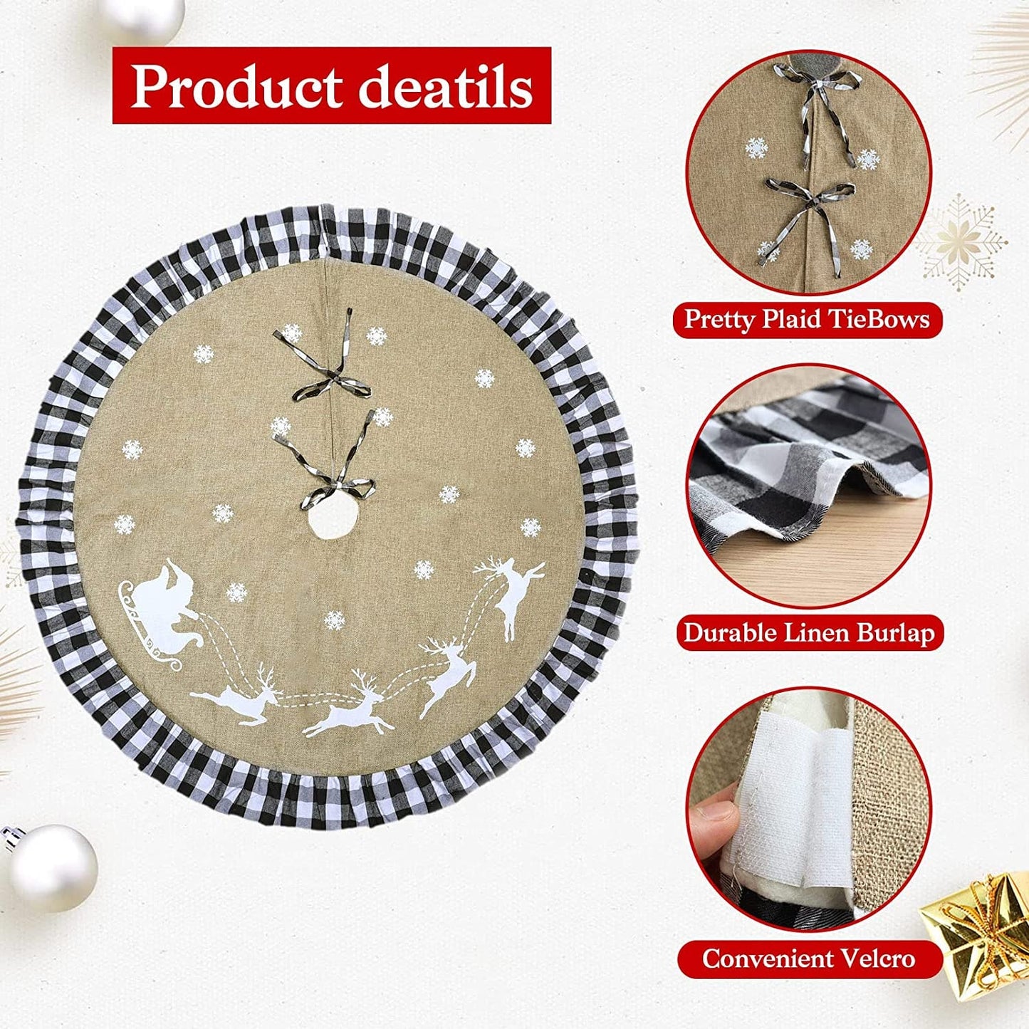 Christmas Tree Skirt 48 Inch White Black Burlap Buffalo Plaid Tree Skirt for Christmas Decorations Clearance Xmas Rustic Farmhouse Home Decor