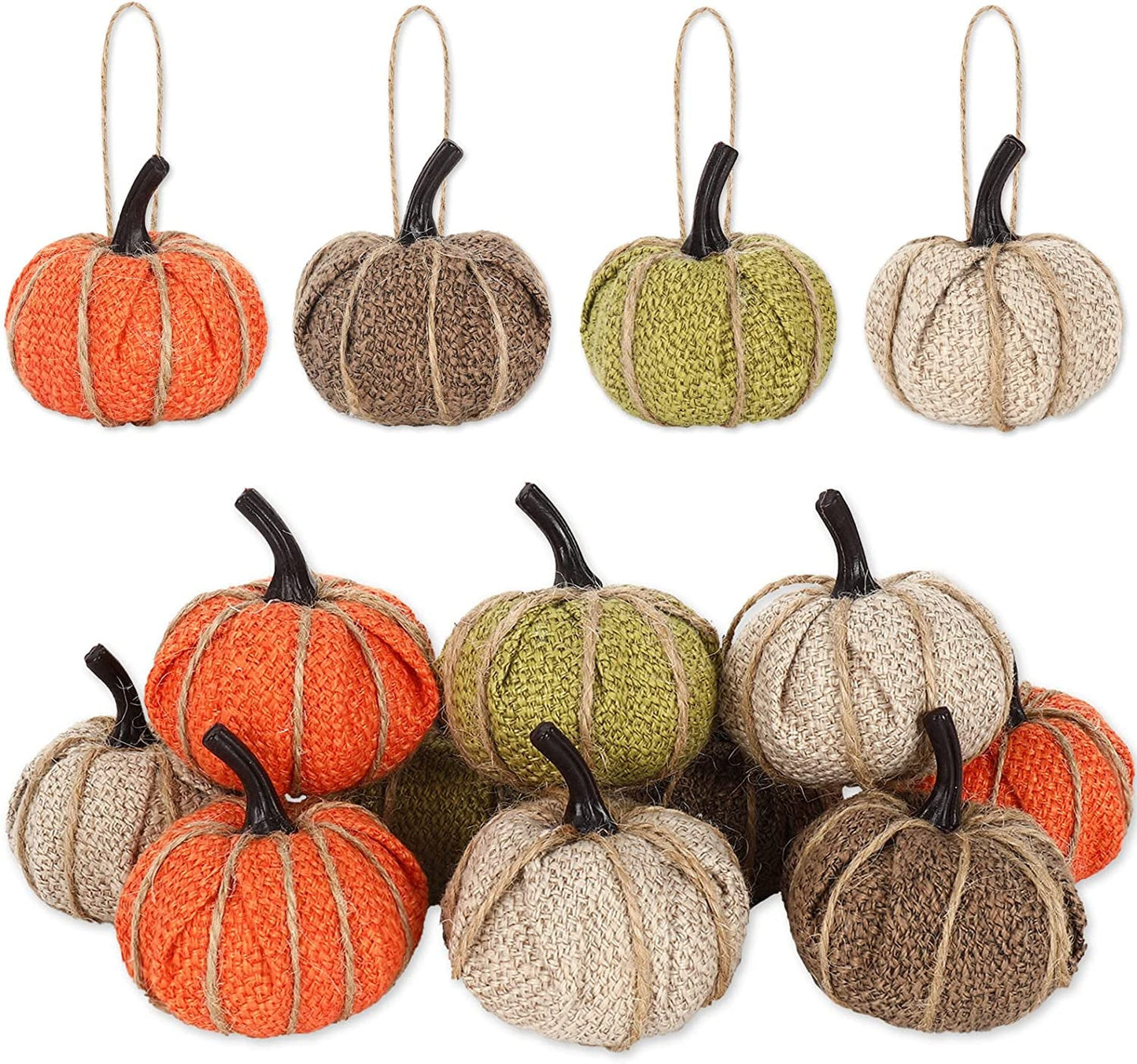 Anydesign 16Pcs Fall Thanksgiving Pumpkin Hanging Ornament Green Flaxen Orange Brown Burlap Pumpkin Hanging Decors for Fall Thanksgiving Halloween Christmas Party Tree Mantel Wall Home Decoration