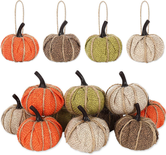 Anydesign 16Pcs Fall Thanksgiving Pumpkin Hanging Ornament Green Flaxen Orange Brown Burlap Pumpkin Hanging Decors for Fall Thanksgiving Halloween Christmas Party Tree Mantel Wall Home Decoration