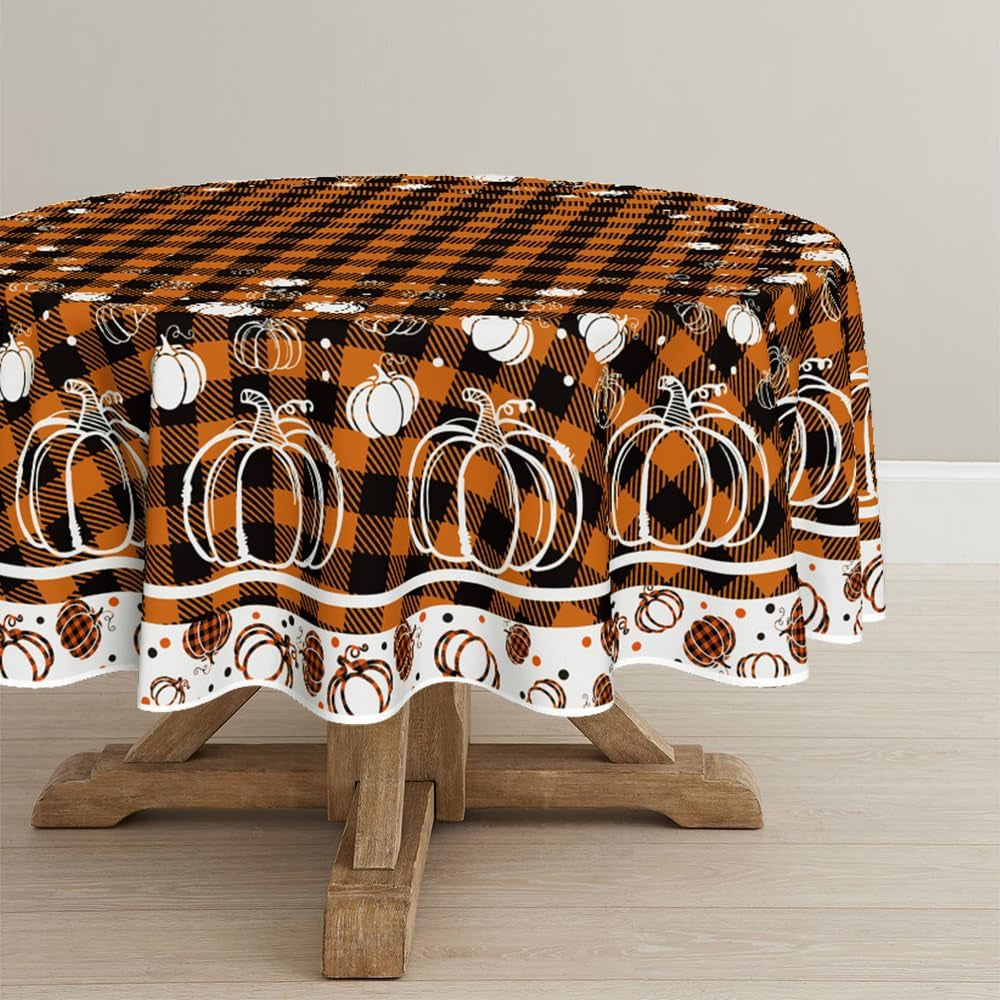 Horaldaily Fall Tablecloth 60X84 Inch Rectangular, Thanksgiving Autumn Harvest Orange Black Buffalo Plaid White Pumpkins Table Cover for Party Picnic Dinner Decor Home & Garden > Decor > Seasonal & Holiday Decorations Horaldaily Orange Buffalo Plaid 70 X 70",Round