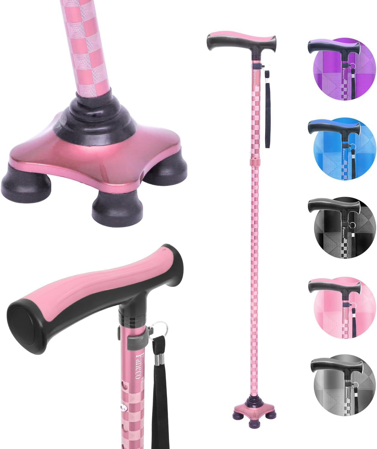 FANECO Walking Cane for Elderly, Folding Walking Stick for Seniors, Pivoting Quad Base, Lightweight Adjustable Walking Stick for Men/Women Home & Garden > Decor > Seasonal & Holiday Decorations NINGBOSHI GUOSHENG XINXI KEJI YOUXIANGONGSI Pink