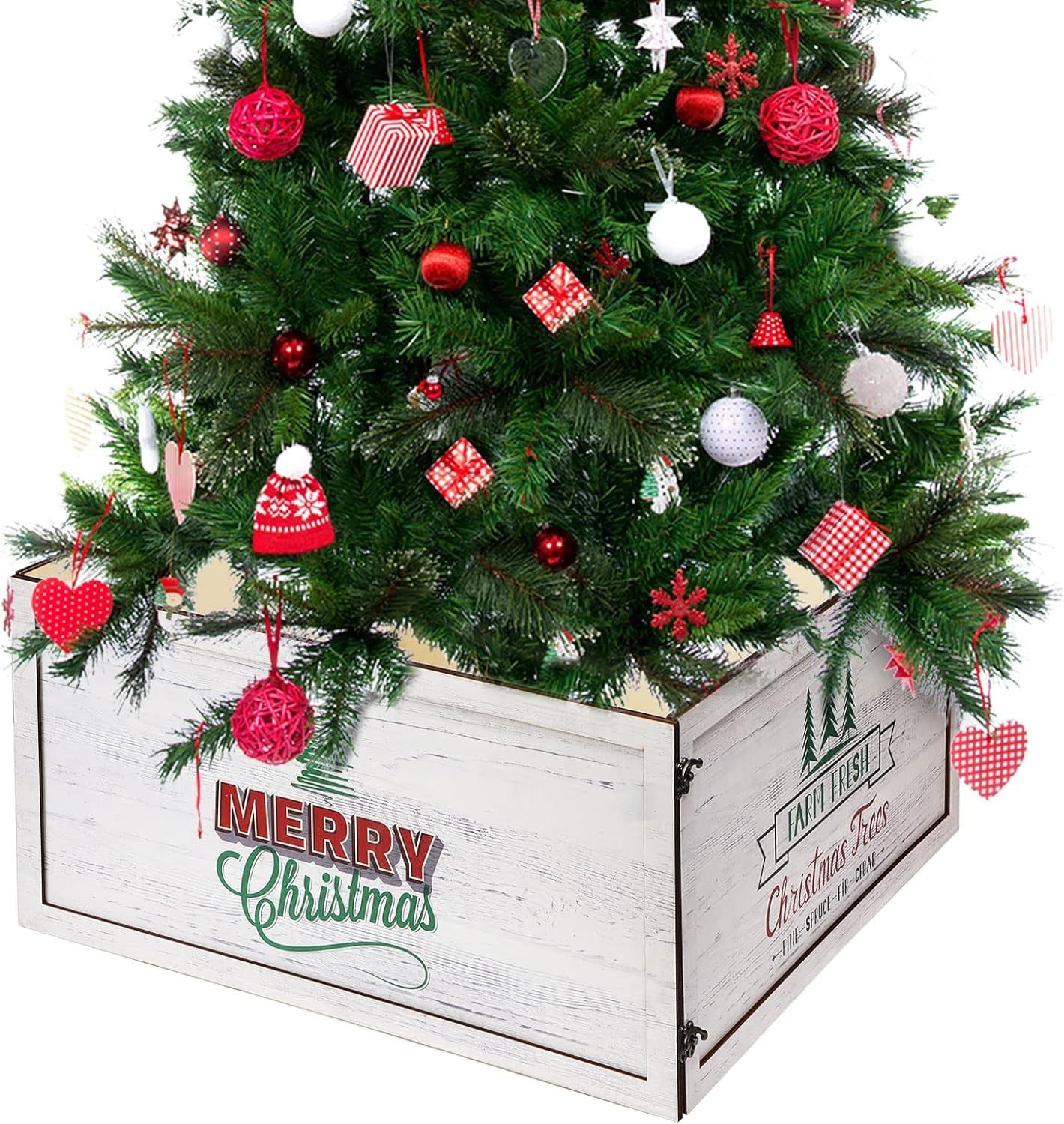 Hungdao Christmas Tree Collar White Tree Collar Wooden Rustic Tree Box Skirt Xmas Tree Box Stand for Replacement Blocks Xmas Tree Base Party Decoration, 24 X 24 X 12 Inches