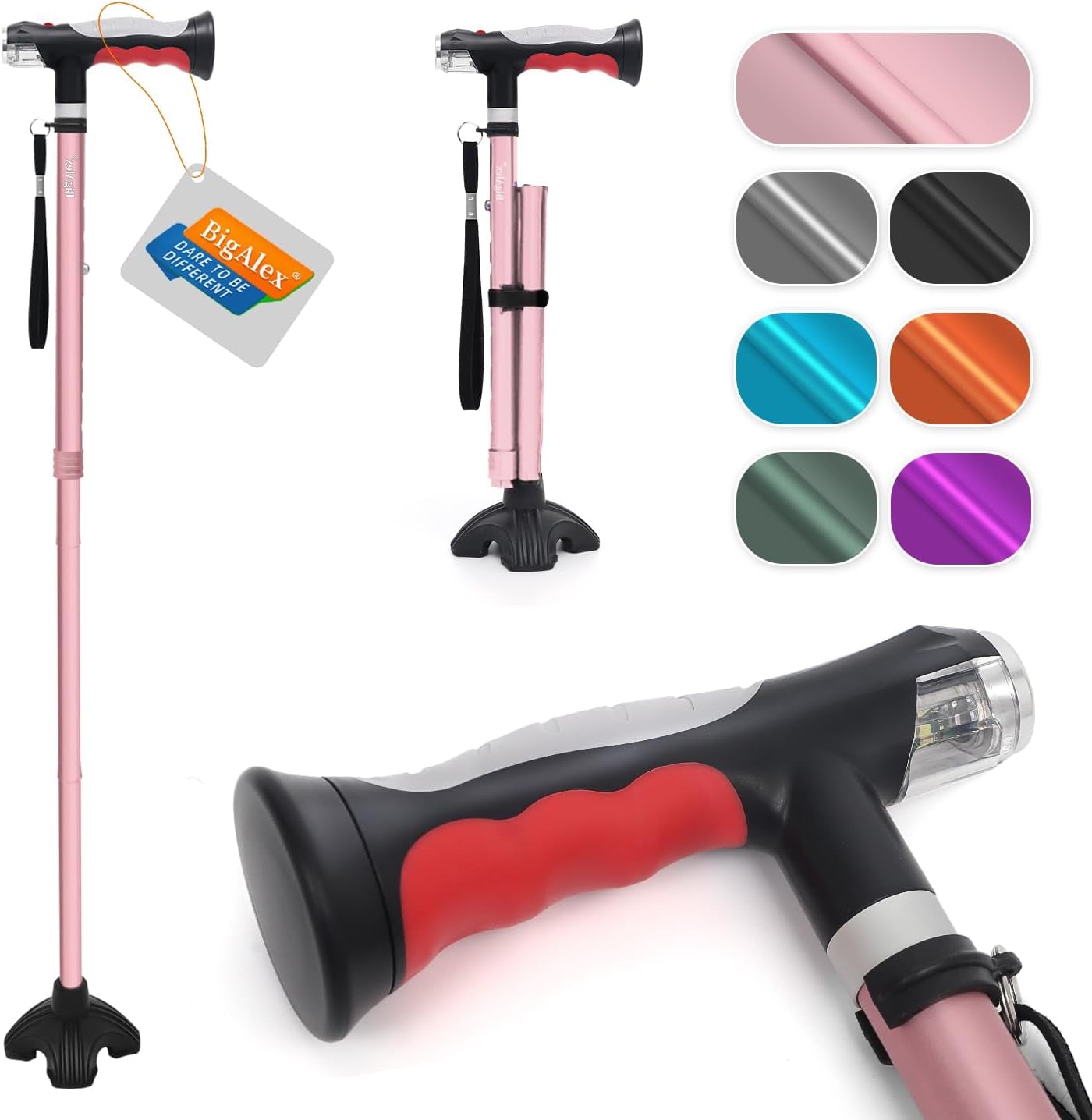 Bigalex Folding Walking Cane with Two Led Lights for Elderly Solid Base Adjustable Walking Stick with Carrying Bag for Man/Woman Home & Garden > Decor > Seasonal & Holiday Decorations NINGHAI XIAN TAIAIER HUWAIYONGPIN YOUXIANGONGSI Pink