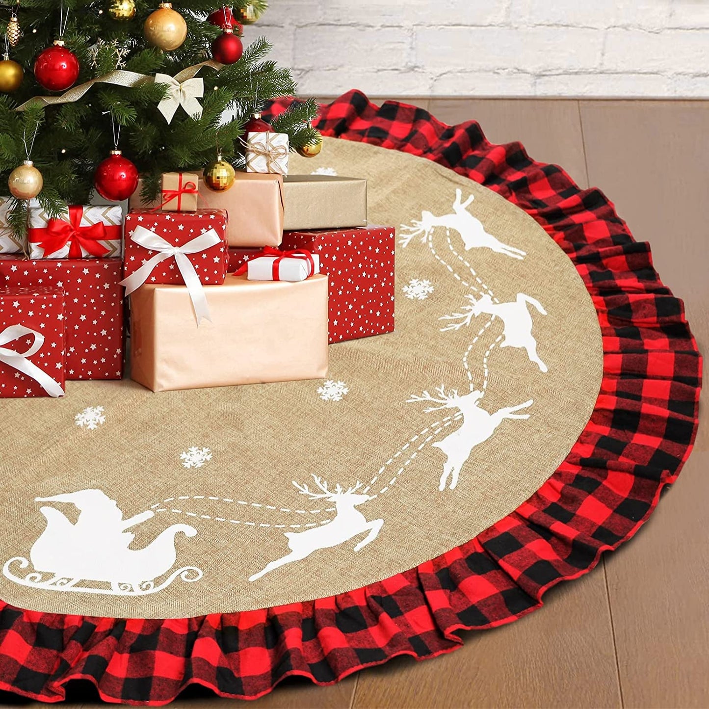 Christmas Tree Skirt 48 Inch White Black Burlap Buffalo Plaid Tree Skirt for Christmas Decorations Clearance Xmas Rustic Farmhouse Home Decor Home & Garden > Decor > Seasonal & Holiday Decorations HIALTODAY Red