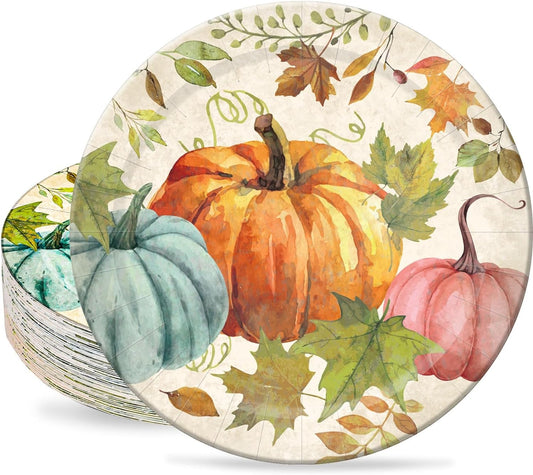 Anydesign 40Pcs Thanksgiving Fall Paper Plates Watercolor Pumpkins round Disposable Plates Retro Pumpkin Harvest Design Plates for Fall Theme Party Holiday Banquet Dinnerware Supplies