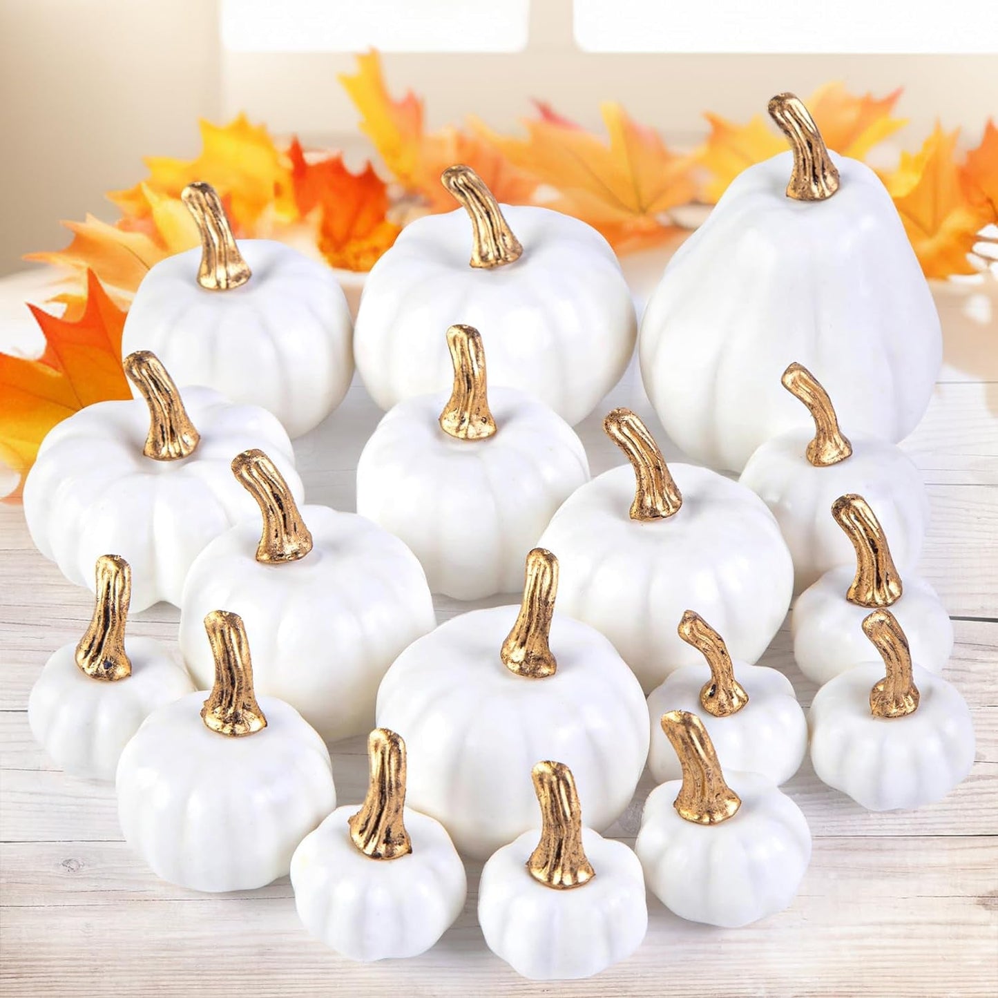 Domestar 50 PCS Thanksgiving Artificial Pumpkins and Gourds Set, 8 PCS Fake Pumpkins, 12 PCS Pinecones and Acorns, 30 PCS Fake Maple Leaves Fall Wedding Tables Centerpieces Home & Garden > Decor > Seasonal & Holiday Decorations DomeStar Color-6