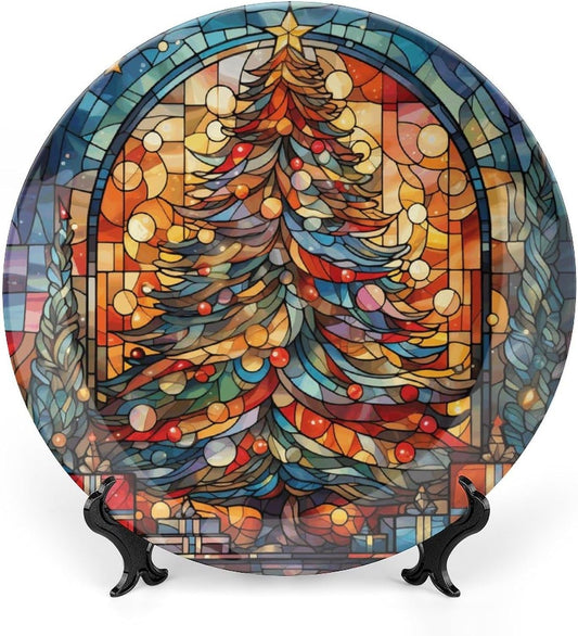 Watercolor Christmas Tree on Plate for Home Office Wall Decor Decorative Plate with Display Stand Ceramic Ornament Wall Art Porcelain Keepsake Collectible Plate Wedding Holiday Party Favor 10"