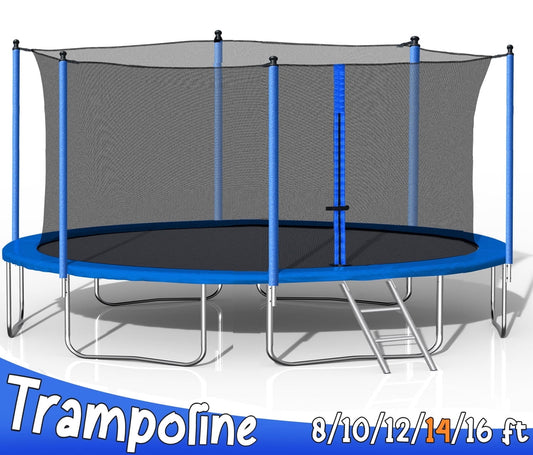 14FT Trampoline for Kids, BTMWAY Outdoor Recreational Trampoline with Safety Enclosure/Ladder, All-Weather Large Trampoline for Backyard, Trampoline with Steel Support, Blue