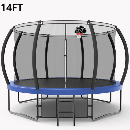 14FT Trampoline with Enclosure, Large PUMPKIN Trampoline for Kids Outdoor Play, All-Weather Trampoline W/Hoo, Round Trampolines Bears 4-6 Kids, Blue