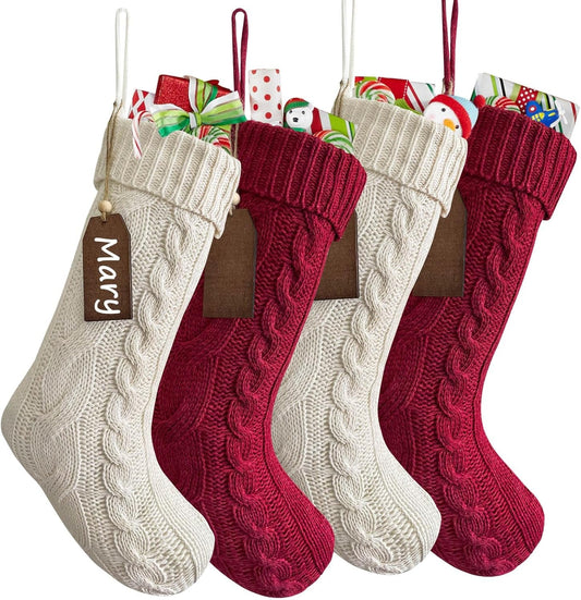 Aerwo 4 Pack Knit Christmas Stockings, 18" Cable Knitted Christmas Stockings with Unfinished DIY Wood Tags, Personalized Christmas Stockings for Kids Adults Family Holiday Xmas Party, Cream & Burgundy