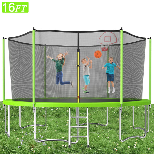 16FT Kids Trampoline Thickened - Large Heavy-Duty Trampoline with Enclosure & Hoop for Adults, All-Weather Trampolines with 6 Steel Support, Outdoor Lawn Garden Yard Trampolines, Green
