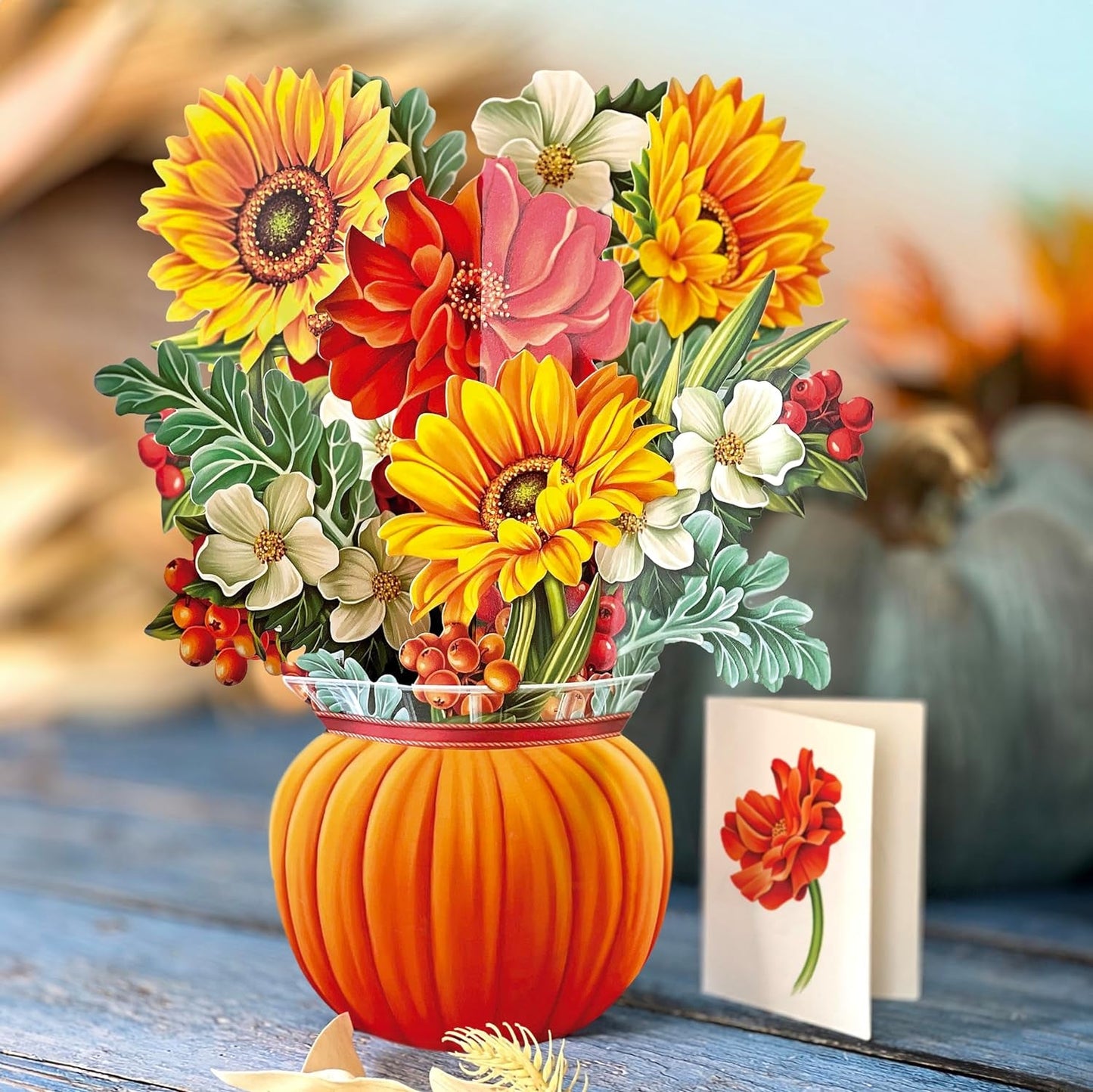 Freshcut Paper Pop up Cards, Pumpkin Harvest, 12 Inch Life Sized Forever Flower Bouquet 3D Popup Thanksgiving, Autumn, Fall Greeting Cards with Note Card and Envelope - Harvest Party Decoration