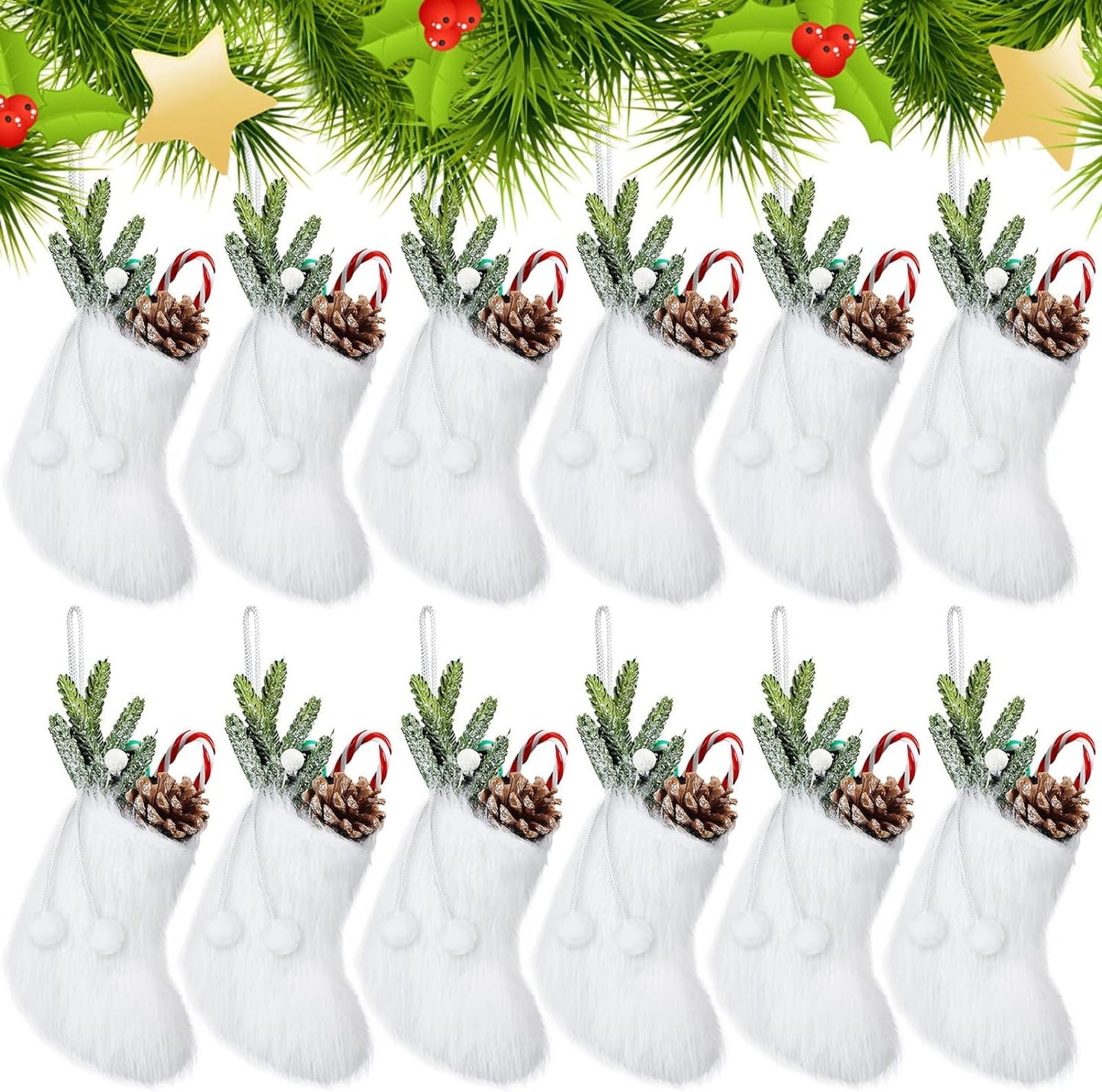 Shinymoon 12 Pcs 7 Inches White Christmas Stockings Faux Fur Christmas Stocking Small Furry Hanging Ornaments Fuzzy Xmas Fireplace Decorations for Holiday Party Gift Farmhouse Home Office Window
