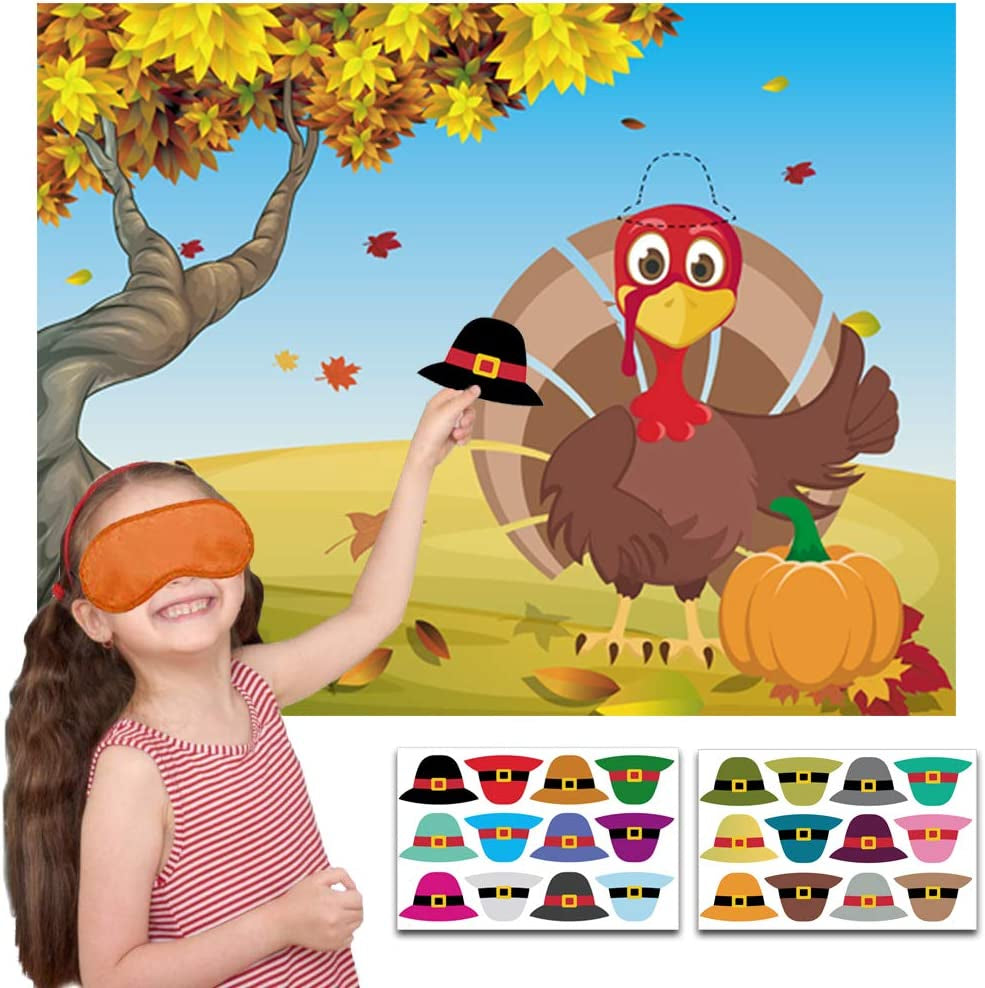 Happy Storm Thanksgiving Party Games Pin the Hat on the Turkey Fall Festival Birthday Party Supplies Favors for Kids Thanksgiving Pin Game with 24 Hat Reusable Stickers Party Activities