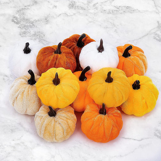 Wehhbtye 12PCS Assorted Velvet Pumpkin Decor-Fabric Wrapped Fall Harvest Pumpkin Shaped Autumn Rustic Table Centerpiece for Farmhouse Thanksgiving Day Halloween Party Home