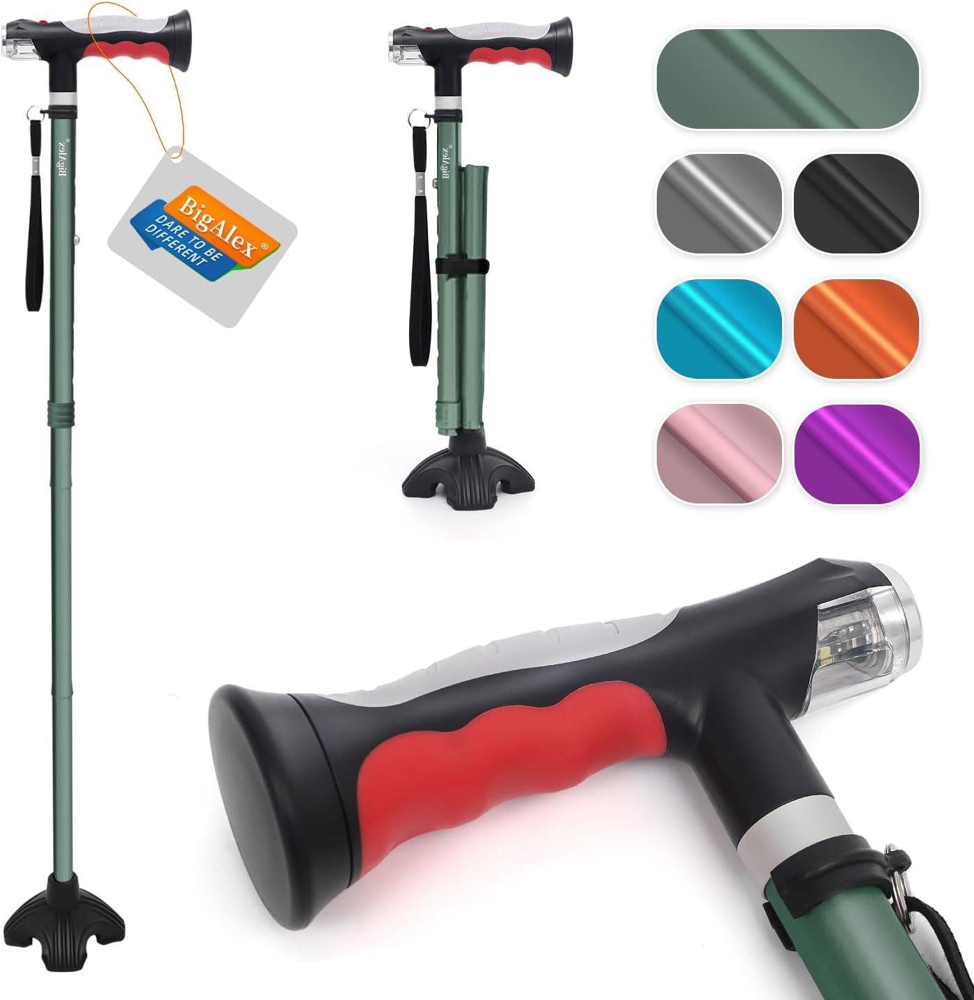 Bigalex Folding Walking Cane with Two Led Lights for Elderly Solid Base Adjustable Walking Stick with Carrying Bag for Man/Woman Home & Garden > Decor > Seasonal & Holiday Decorations NINGHAI XIAN TAIAIER HUWAIYONGPIN YOUXIANGONGSI Green