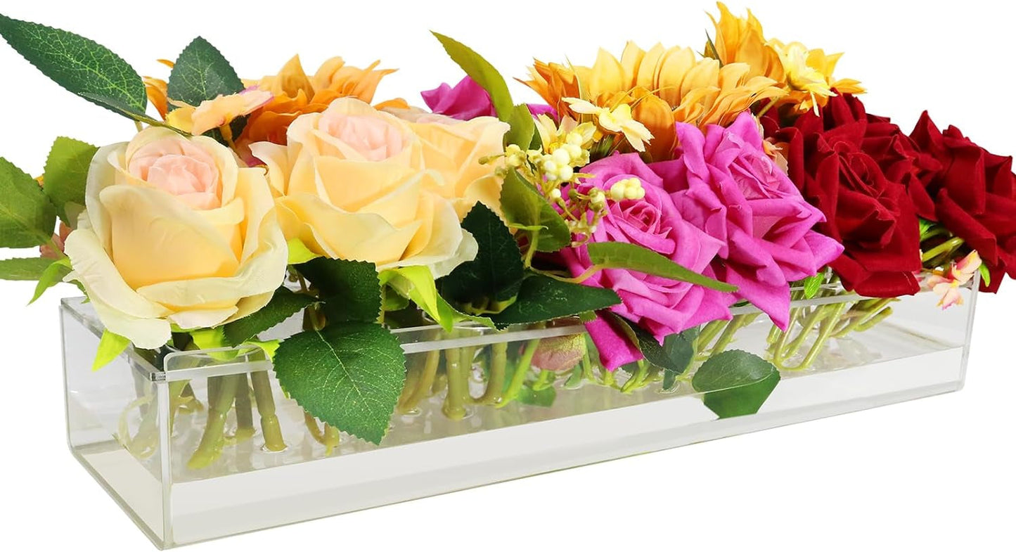 HARMARK Rectangular Floral Centerpiece Acrylic Clear Flower Arranger 16 Inches Long Rectangle Flower Vase Home Decor Wedding Table Decoration