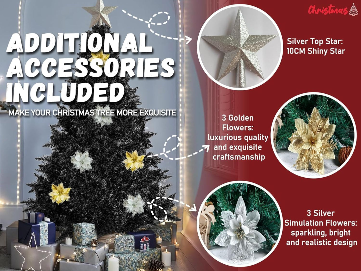 Black Christmas Tree 7.5Ft | Artificial 7.5 Feet Xmas Tree with 1400 Branch Tips and Decorations(15Cm Silver Top Star, 8 Flowers) Metal Stand, Easy to Assemble | Suitable for Home Office Store Bar