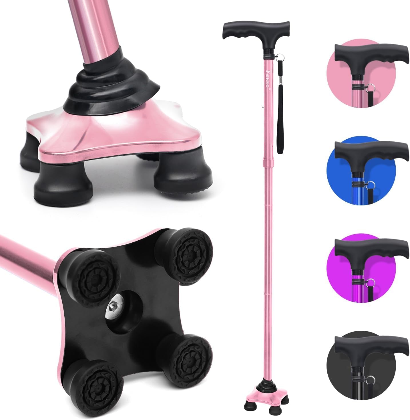 FANECO Walking Cane, Folding Walking Stick for Seniors, Pivoting Quad Base, Lightweight Adjustable Walking Stick for Men/Women Home & Garden > Decor > Seasonal & Holiday Decorations NINGBOSHI GUOSHENG XINXI KEJI YOUXIANGONGSI Pink