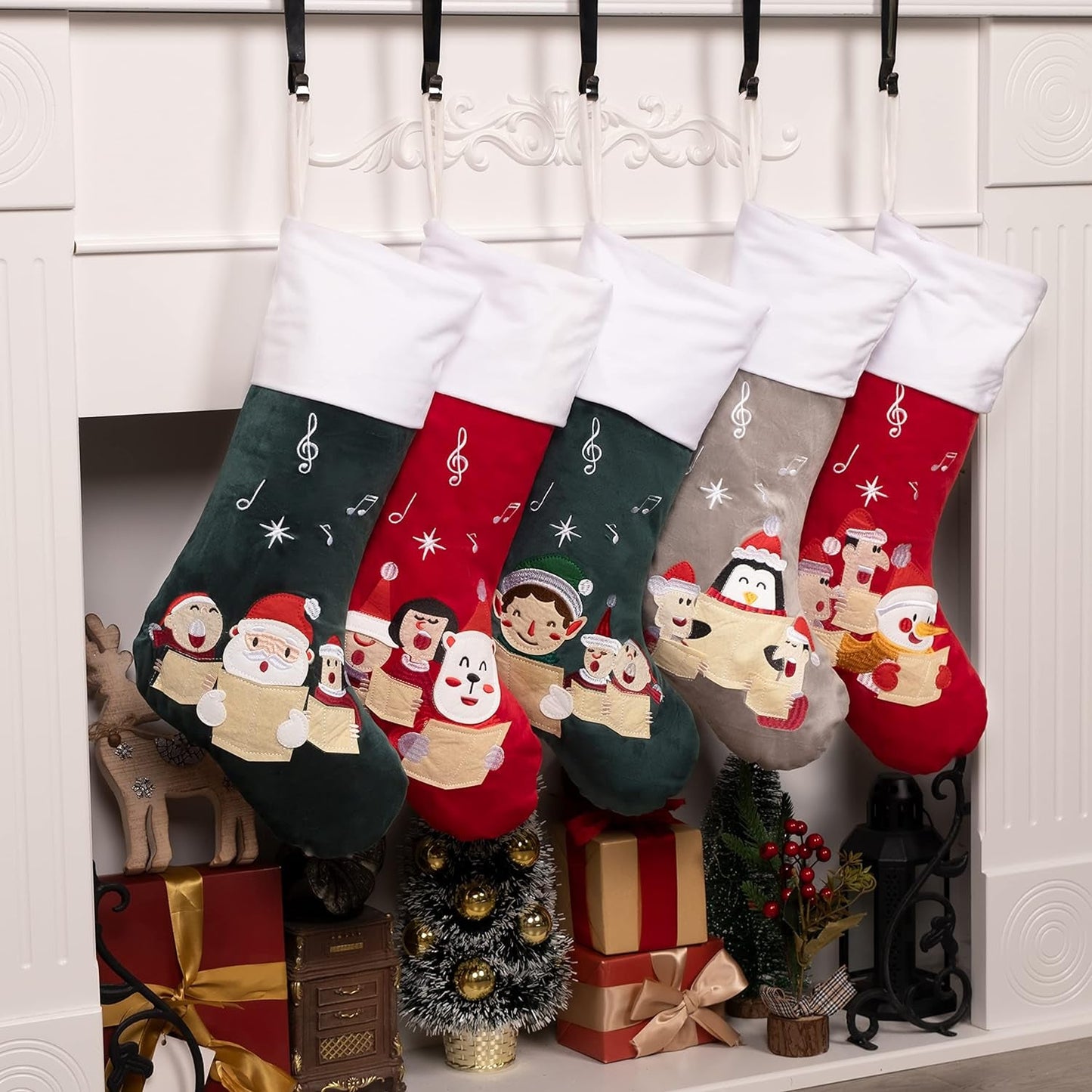 BHD BEAUTY 5 Pack Christmas Stockings Clearance Large Soft Luxury Velvet Classic Embroidery Pattern for Family Decorations Hanging Ornament Xmas Tree Holiday Party 20 Inches Home & Garden > Decor > Seasonal & Holiday Decorations BHD BEAUTY Red 5
