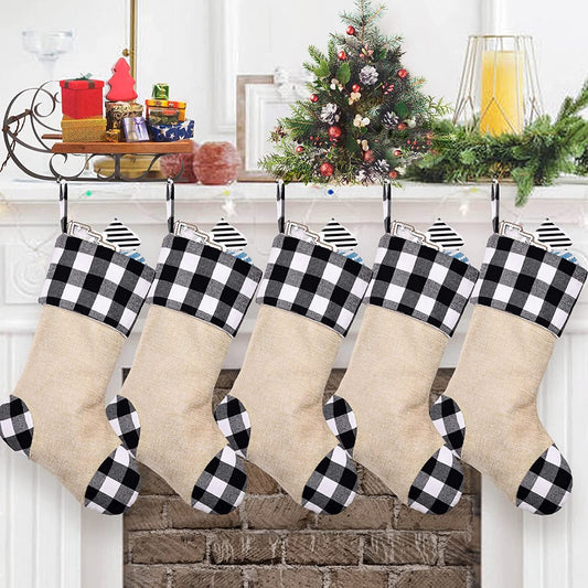 CARAKNOTS Plaid Christmas Stockings 6 Pack Red and Black Check Christmas Stockings for Family Kids Large Burlap Stockings Christmas Decorations for Xmas Farmhouse Fireplace Holiday Party Home & Garden > Decor > Seasonal & Holiday Decorations CARAKNOTS White-Black 5 Pcs
