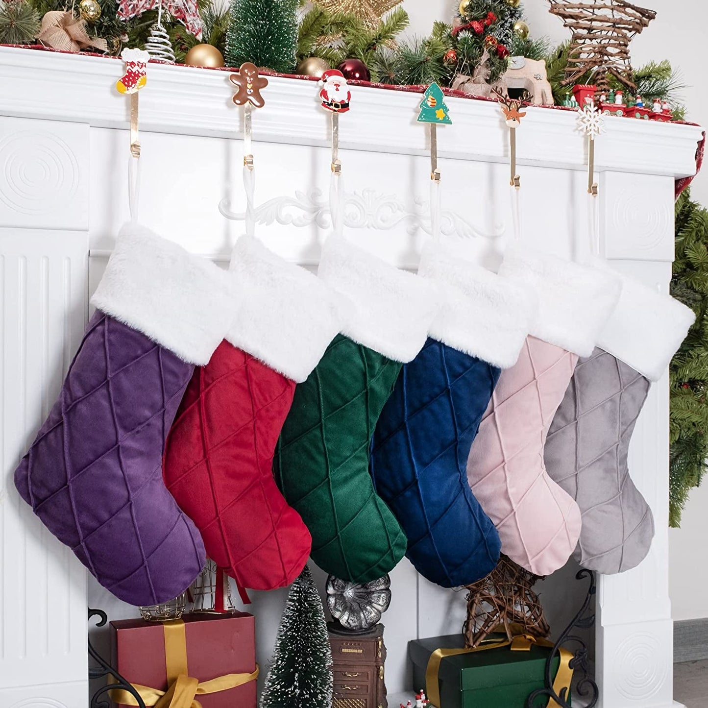 BHD BEAUTY 5 Pack Christmas Stockings Clearance Large Soft Luxury Velvet Classic Embroidery Pattern for Family Decorations Hanging Ornament Xmas Tree Holiday Party 20 Inches Home & Garden > Decor > Seasonal & Holiday Decorations BHD BEAUTY Colorful 6