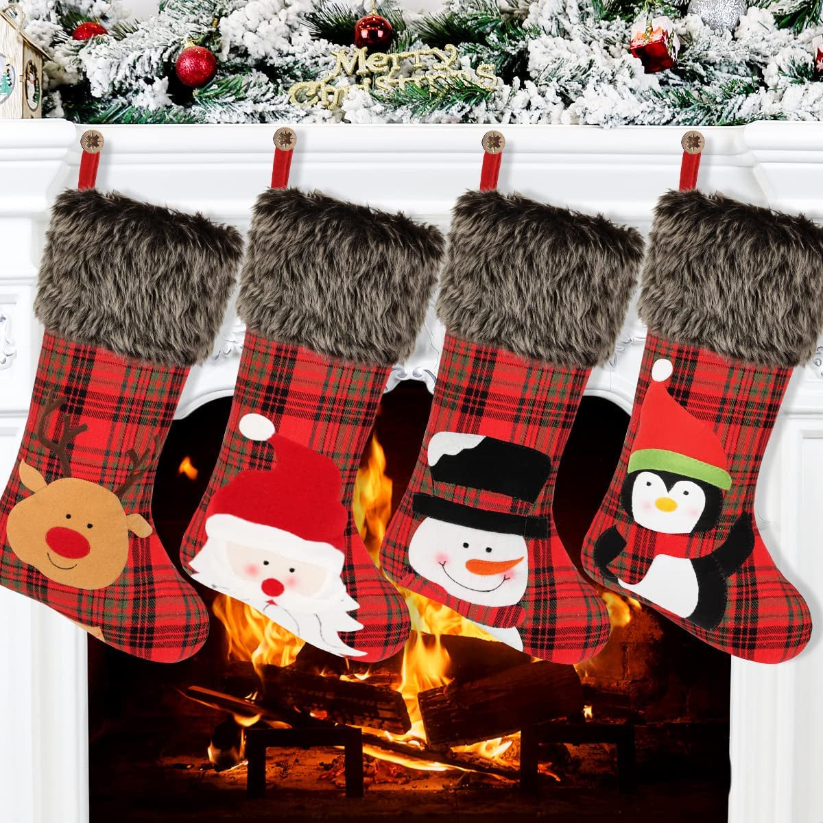 Aitbay Christmas Stockings, 4 Pack 18" Big Xmas Stockings, Burlap Plaid Style with Penguin Santa Snowman Reindeer and Plush Faux Fur Cuff Family Pack Stockings for Xmas Holiday Party Decor