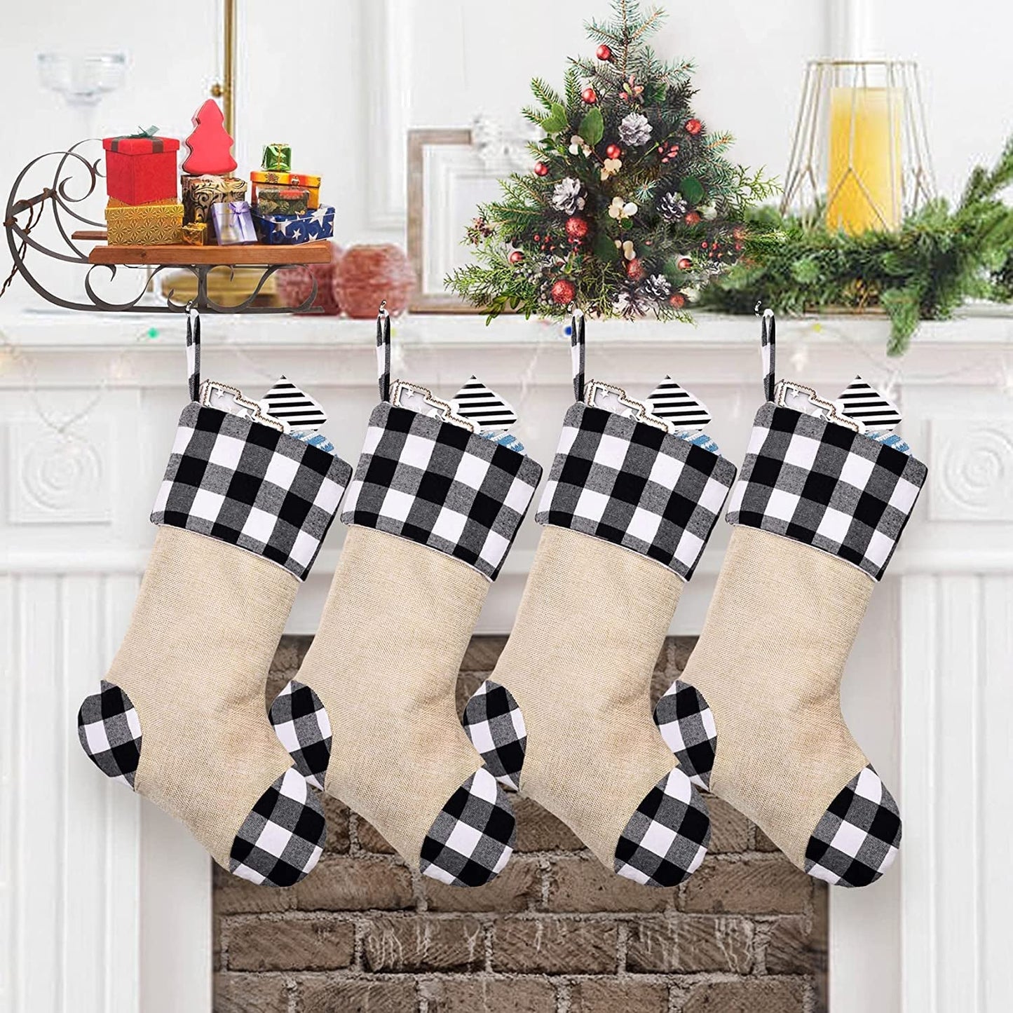 CARAKNOTS Plaid Christmas Stockings 6 Pack Red and Black Check Christmas Stockings for Family Kids Large Burlap Stockings Christmas Decorations for Xmas Farmhouse Fireplace Holiday Party Home & Garden > Decor > Seasonal & Holiday Decorations CARAKNOTS White-Black 4 Pcs
