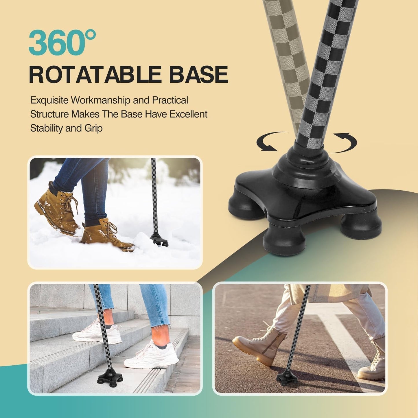 FANECO Walking Cane for Elderly, Folding Walking Stick for Seniors, Pivoting Quad Base, Lightweight Adjustable Walking Stick for Men/Women