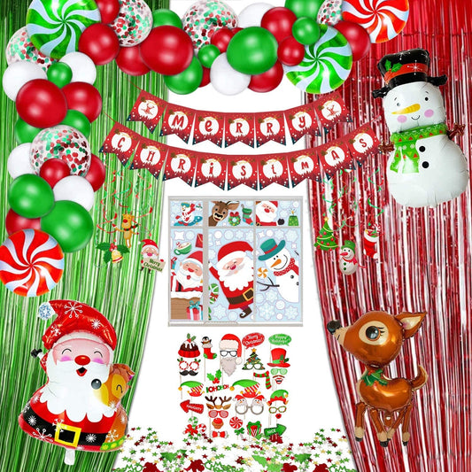 Christmas Party Supplies Decorations Kit - 149 Pcs Xmas Party Decorations Including Balloons Garland, Banner, Window Stickers, Swirls, Photo Booth Props, Confetti, Curtains, Foil Balloons
