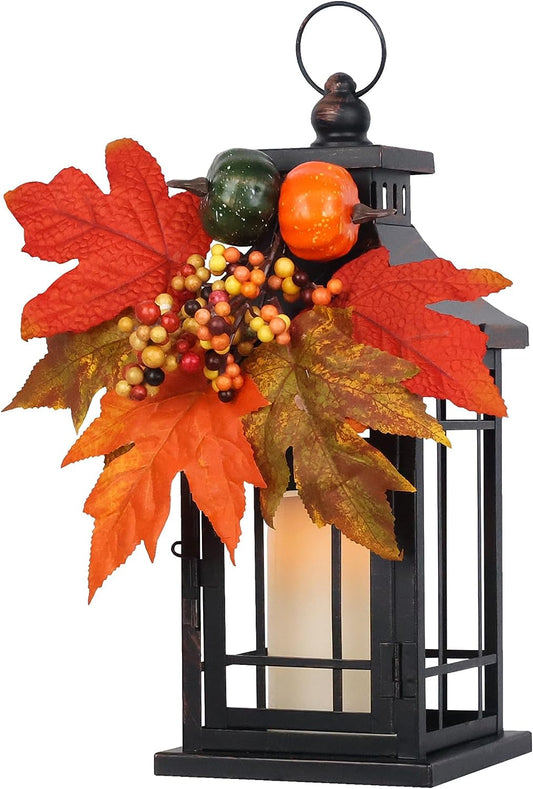DECORKEY Fall Decorations for Home, Candle Lantern Decorative Thanksgiving Indoor Outdoor Decor, 14" Vintage Hanging Lanterns with Pumpkin Teardrop Wreath&Led Candle for Patio Front Porch Table Decor