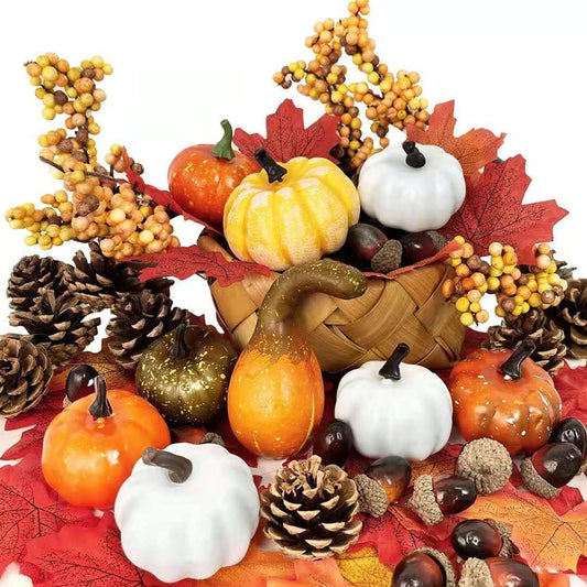 TURNMEON 120Pcs Thanksgiving Pumpkins Table Centerpieces Fall Centerpieces for Tables Thanksgiving Decorations 10 Pumpkins 60 Maple Leaf 15 Pinecone 30 Acorns 5 Berry for Fall Thanksgiving Table Decor