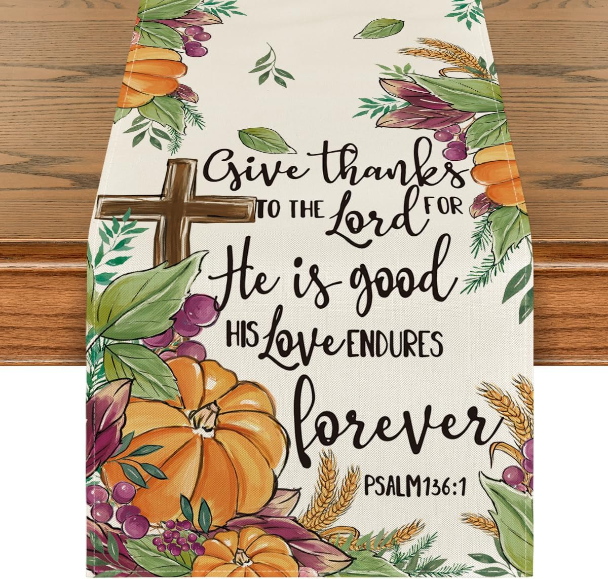 Artoid Mode Pumpkin Leaves Grapes Wheat Thanksgiving Table Runner, Seasonal Autumn Kitchen Dining Table Decoration for Home Party Decor 13X72 Inch