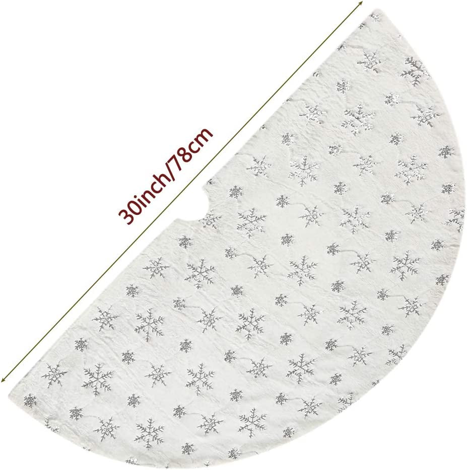 Christmas Sequin Tree Skirt 30In,White Soft Thick with Silver Snowflakes Decorations for 3FT 4FT 5FT Xmas Tree