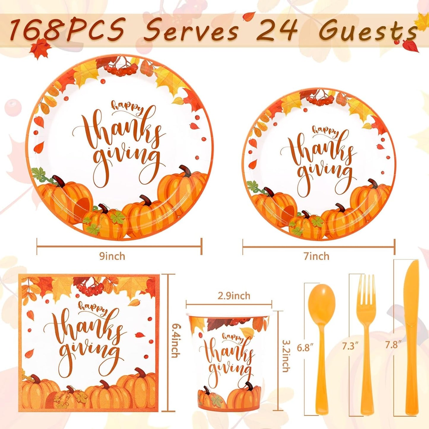 Gudvilla 168Pcs Thanksgiving Plates and Napkins Sets Thanksgiving Party Supplies Thanksgiving Paper Plates with Pumpkin Maple Leaves Themed for Thanksgiving Party Decorations, Serves 24 Guests