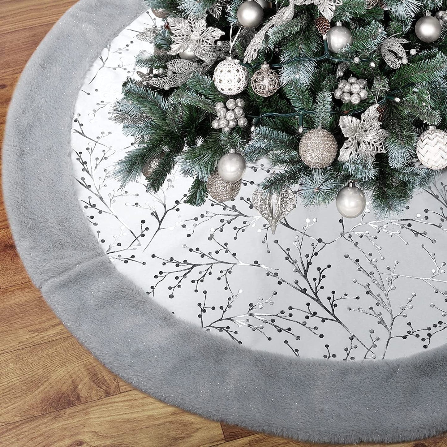 Christmas Tree Skirt, Gold White 48 Inch Faux Fur Plush Christmas Decorations Tree Base Mat Thick Velvet Rugs for Holiday Home Decor Party Xmas Home & Garden > Decor > Seasonal & Holiday Decorations HexyHair Silver+Grey 48 Inch