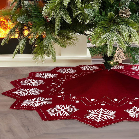 Wbhome Christmas Tree Skirt, 52 Inch Double-Layer Cable Knitted Thick Rustic Holiday Home Party Decoration, Christmas Snowflake Pattern