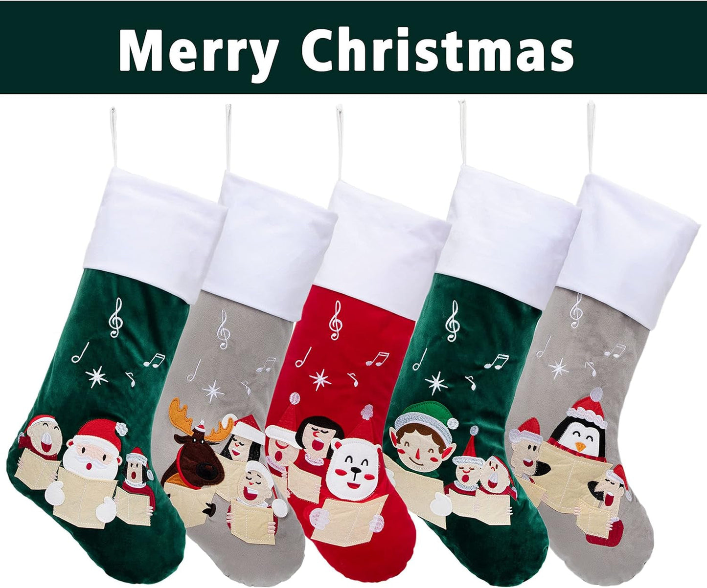 BHD BEAUTY 5 Pack Christmas Stockings Clearance Large Soft Luxury Velvet Classic Embroidery Pattern for Family Decorations Hanging Ornament Xmas Tree Holiday Party 20 Inches