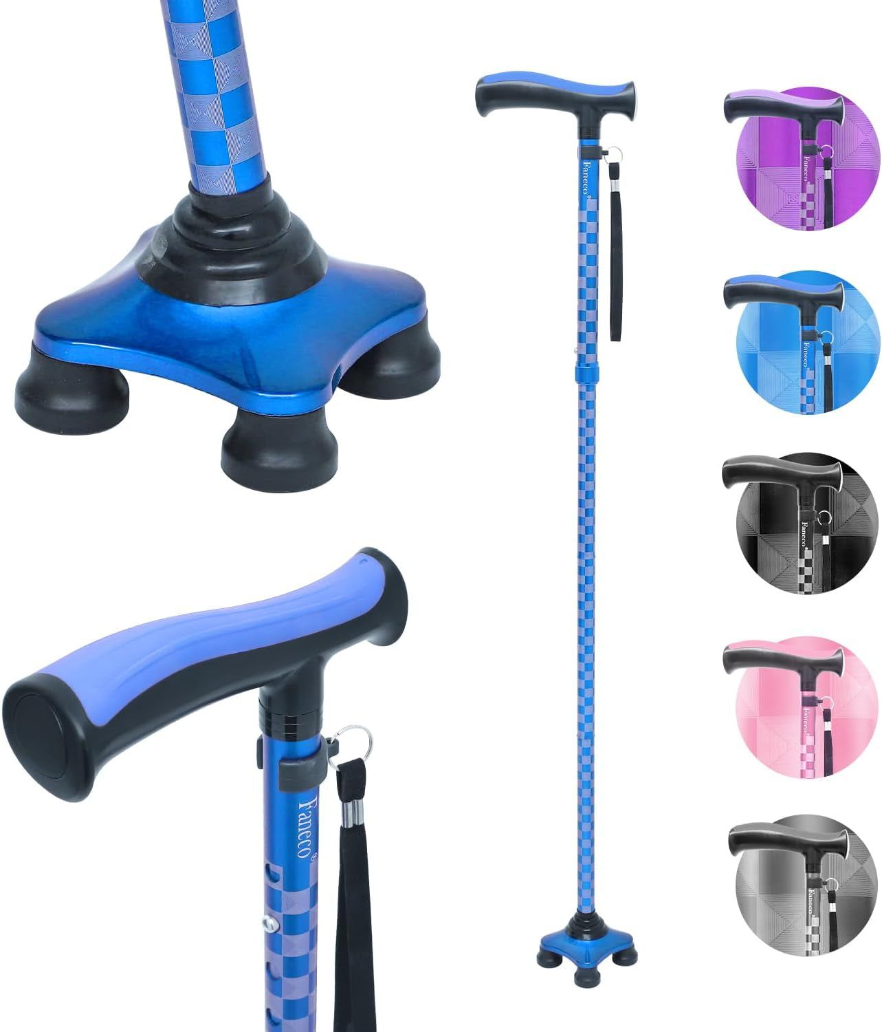 FANECO Walking Cane for Elderly, Folding Walking Stick for Seniors, Pivoting Quad Base, Lightweight Adjustable Walking Stick for Men/Women Home & Garden > Decor > Seasonal & Holiday Decorations NINGBOSHI GUOSHENG XINXI KEJI YOUXIANGONGSI Blue
