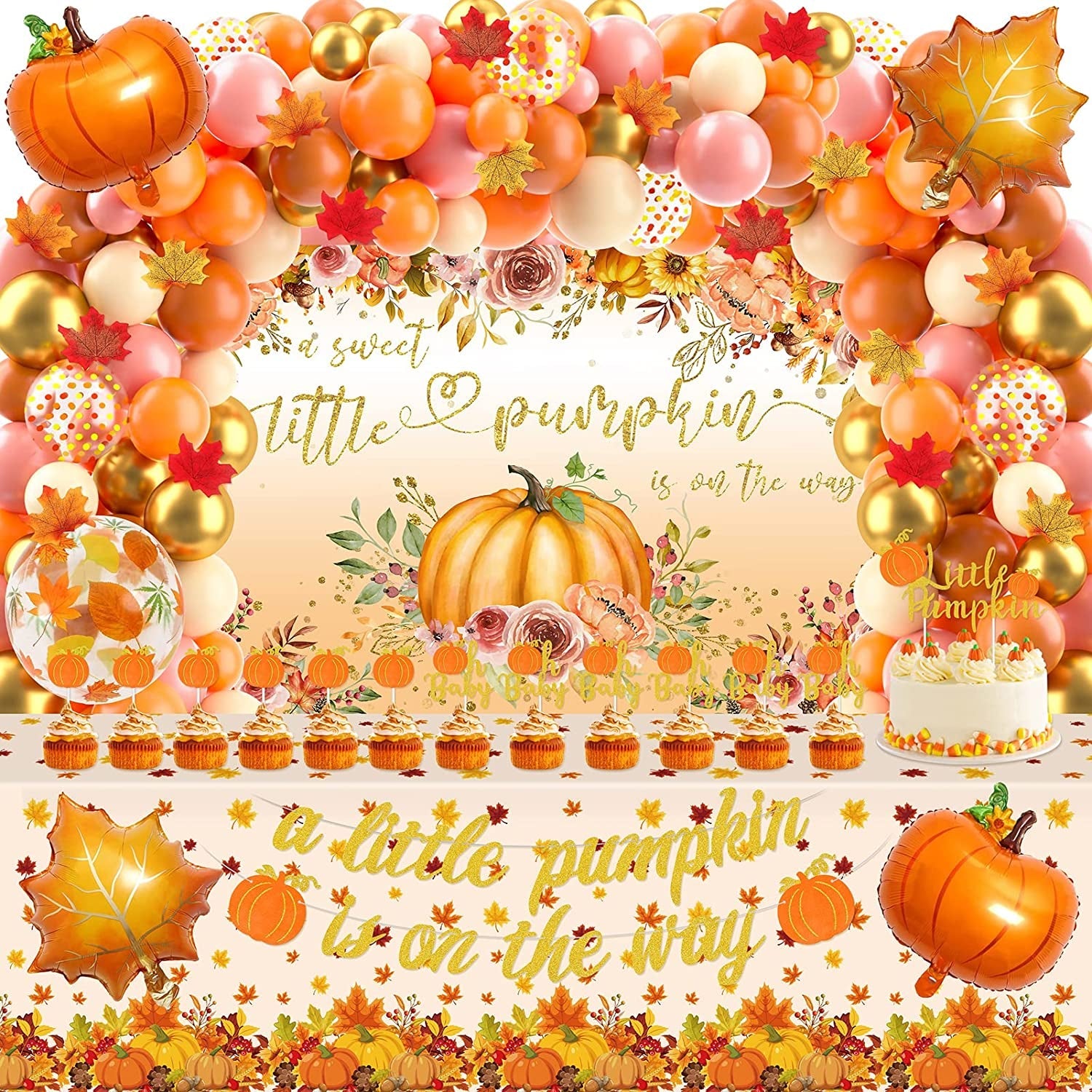Fall Pumpkin Birthday Party Decorations Thanksgiving Autumn Themed Birthday Party Supplies 98 Pcs (Artificial Maple Leaves, Paper Pompoms, Cake Toppers, Banner, Balloon Garland) (Fall-98P) Home & Garden > Decor > Seasonal & Holiday Decorations LEMORPHE Fall-144P