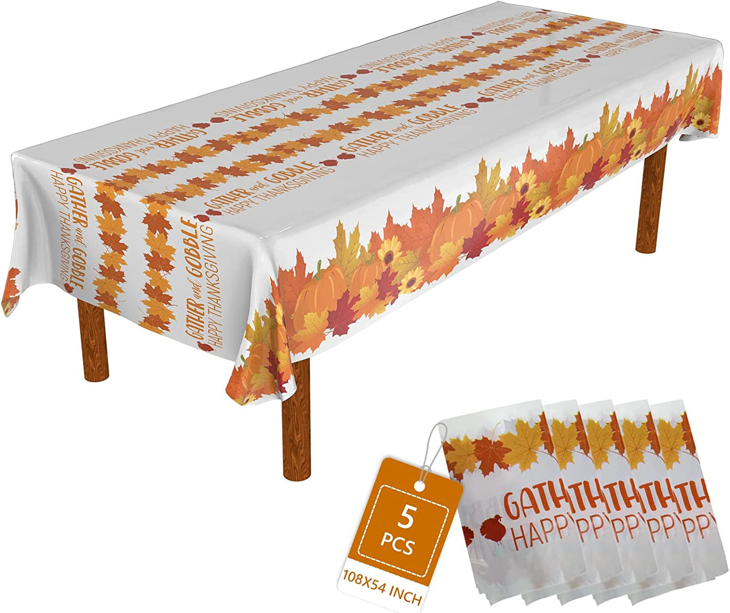 ATFUNSHOP Thanksgiving Tablecloth 5 Pack 54" X 108" Fall Party Supplies Pumpkins Turkey Disposable Table Cover Water Proof Plastic Table Cloth for Thanksgiving Decoration Dinner Party