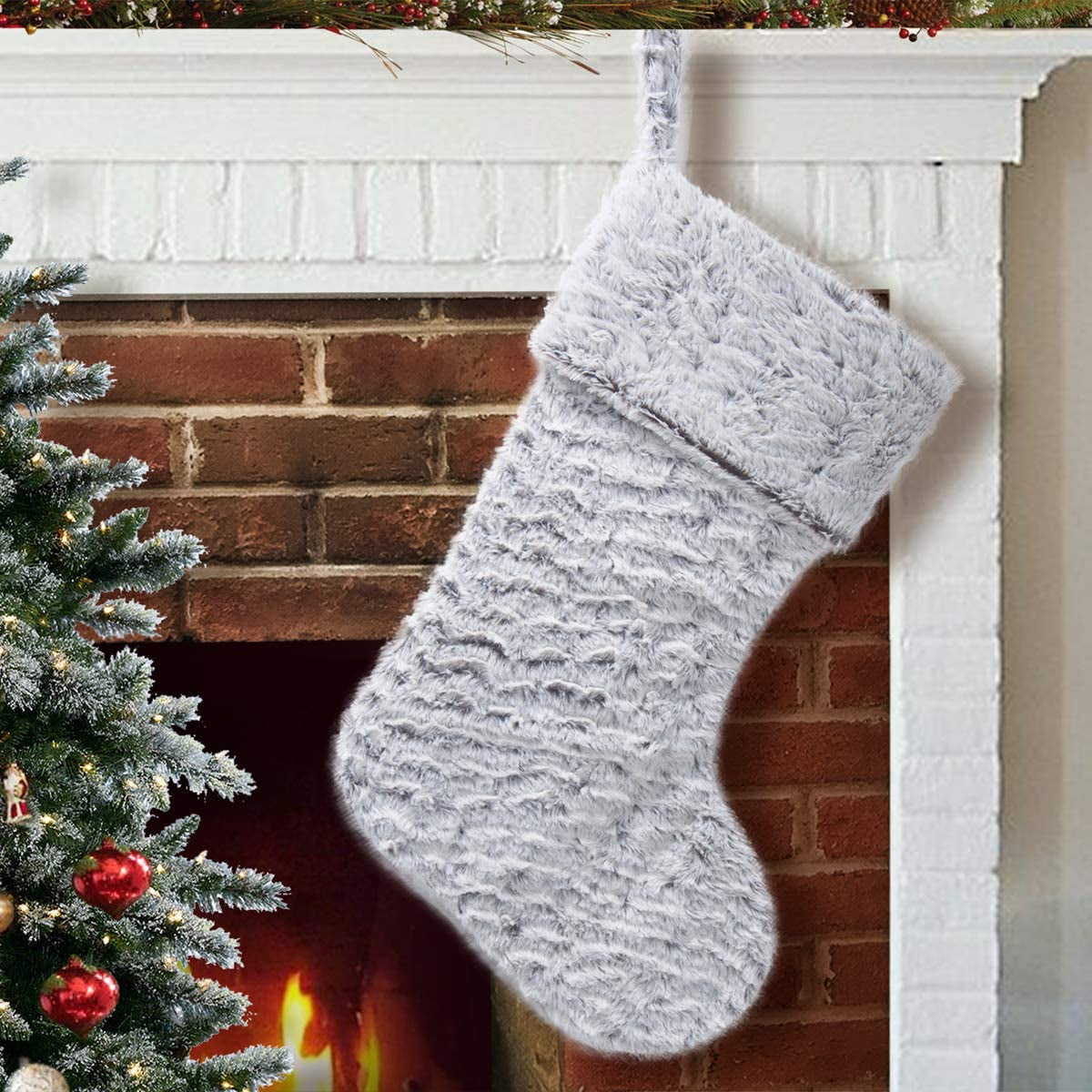 S-DEAL Black and White Plaid Christmas Stocking Double Layers Gift Holder White Plush Cuff 21 Inches Decor for Holiday Party Xmas Mantel Ornaments Home & Garden > Decor > Seasonal & Holiday Decorations S-DEAL Plush