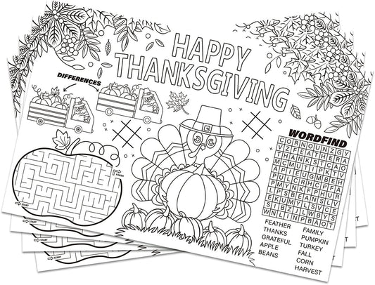 Disposable Fall Thanksgiving Place Mats for Kids 12 Pack Tom Turkey Paper Place Mat 11”X 17” Turkey Thanksgiving Day Table Mat Sheets for Autumn Children School Party Decor