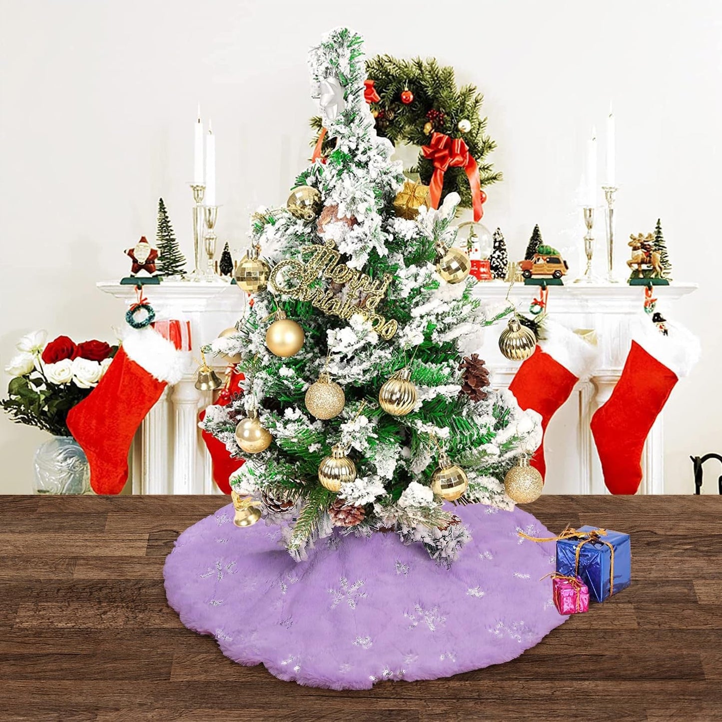 Yuboo Christmas Tree Skirt, 48" White Faux Fur with Gold Sequin Snowflakes Xmas Tree Rug for White Gold Christmas Decorations Home & Garden > Decor > Seasonal & Holiday Decorations yuboo 24 Purple