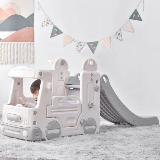 4-in-1 Slide with Bus Climber Slide Set with Basketball Hoop Indoor and Outdoor