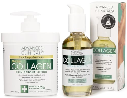 Advanced Clinicals Collagen Body Oil + Collagen Cream Body Lotion & Face Cream Beauty Skin Care 2PC Bundle �?Tighten, Firm, & Hydrate Moisturizer Set For Scars, Wrinkles, Crepey Skin, & Stretch Marks