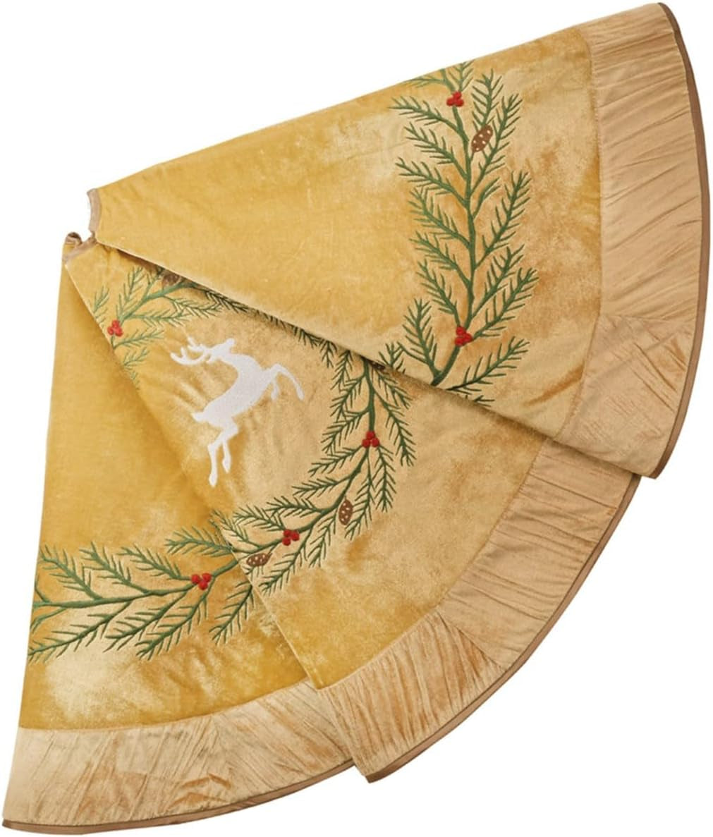 X.Sem Holly Leaf Embroidered Velvet Christmas Tree Skirt with Pleat Velvet Border 50'' Dark Green (Dark Green, 50 Inch) Home & Garden > Decor > Seasonal & Holiday Decorations ONGLYP Gold 50 Inch