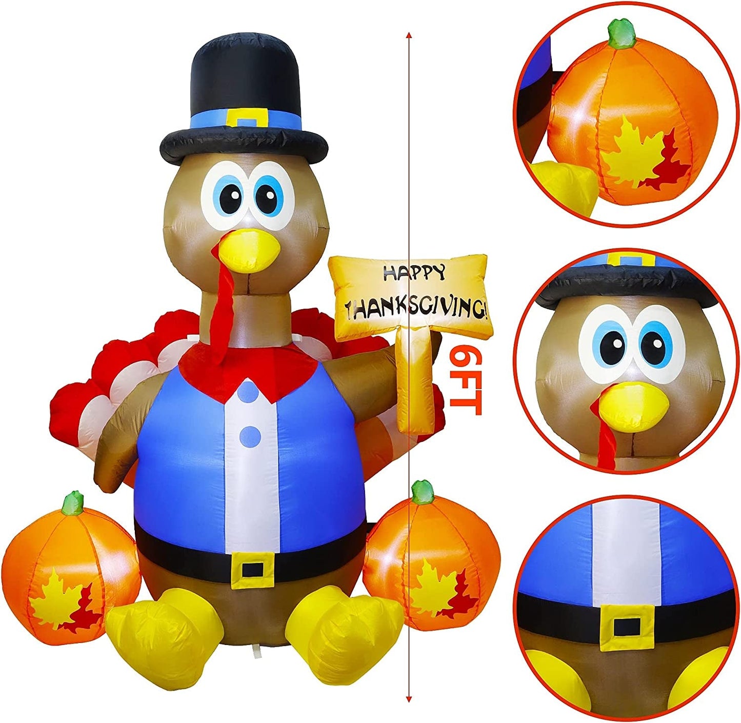 Thanksgiving Day Inflatable Turkey (Turkey with Happy Thanksgiving Day),6 FT Lighted Blow up Turkey with Pilgrim Hat,Indoor and Outdoor Thanksgivings Inflatables Decor