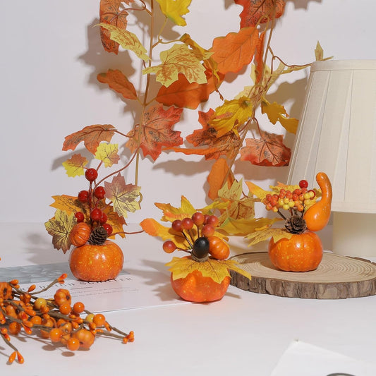 U'Artlines 6Pcs Thanksgiving Artificial Pumpkin, Mini Fake Pumpkins with Maple Leaves Berries Artificial Flowers for Fall Harvest Halloween Thanksgiving Table Centerpieces DIY Crafts Decor
